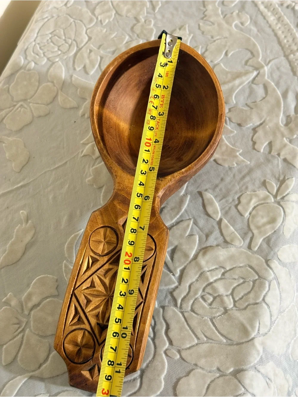 Hand-Carved Wooden Celtic Serving Spoon Ladle in Warm Brown for Decor